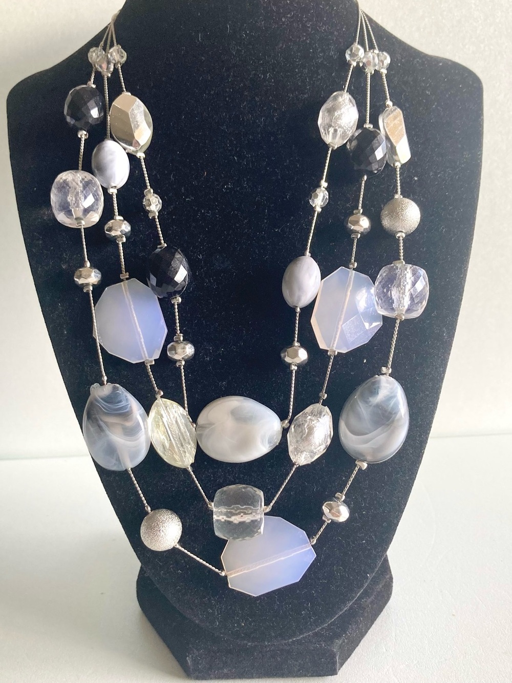 NY Multi-Strand Gray & Silver tone beaded Statement preloved Necklace